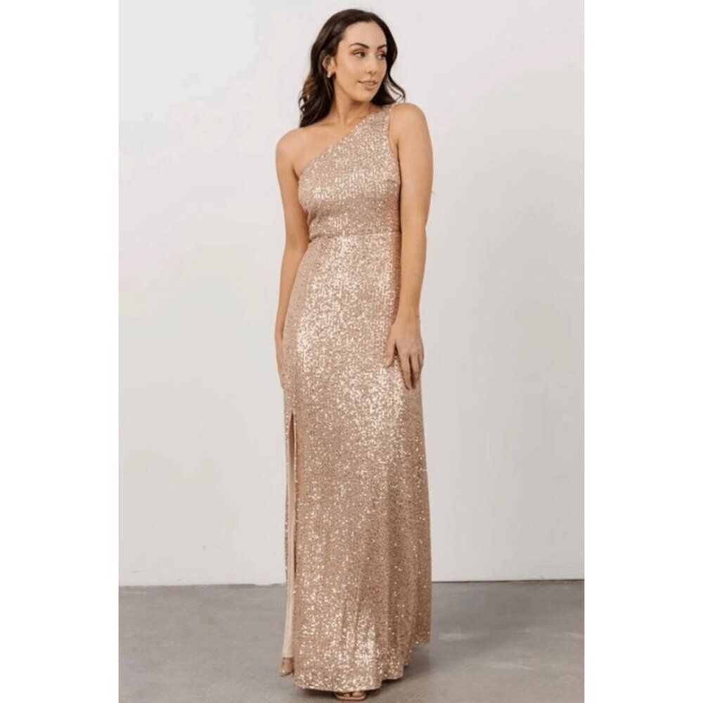 Baltic Born Astrea One shoulder‎ Sequined Gold Maxi Dress size Large